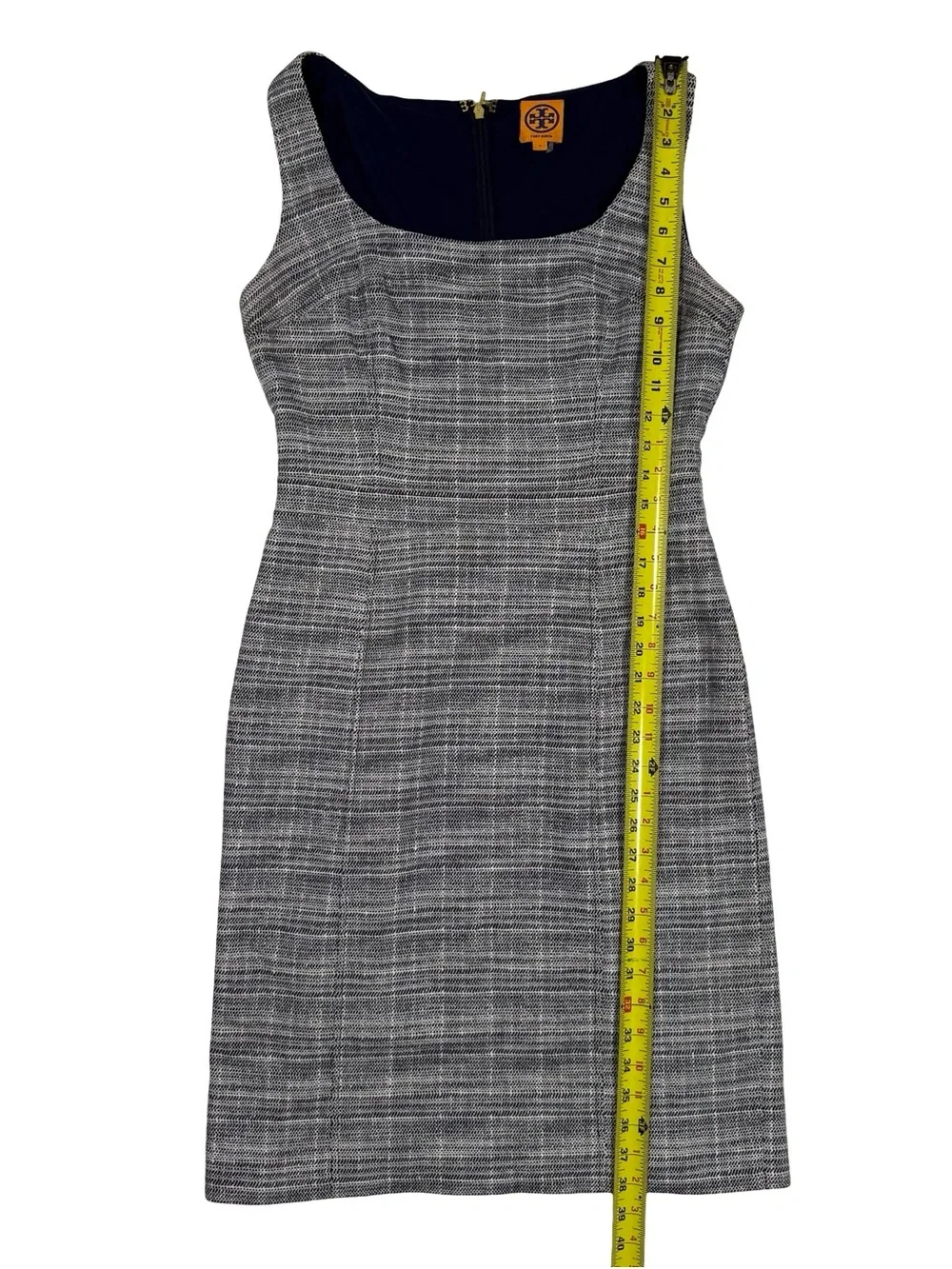 Tory Burch Dress Sz 8 Blue White Sheath Quiet Luxury Preppy Career Midi Work